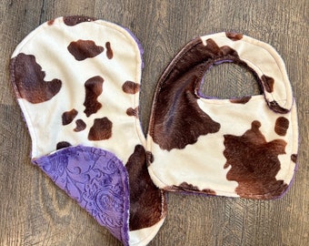 Western Baby Bib & Burp cloth Set - Pony Cow Print - contoured burpcloth - minky - lilac purple paisley back