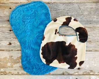 Bib & Burpcloth Set - Country Western Cow/Pony Print with Blue Paisley Backing - contoured burpcloth - minky