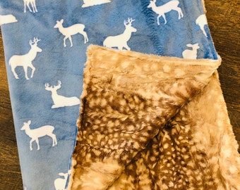 IN STOCK! Ready to Ship! Blue Deer Buck Fawn Print Baby Boy Blanket with Deer Fawn Print back - minky