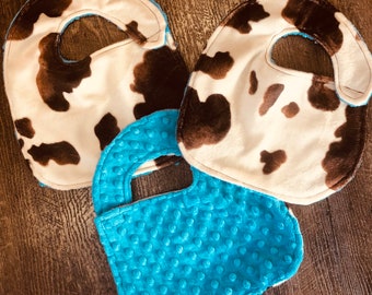 Baby Bib Set of 3 - Pony Cow Print - minky - blue back - western country - teal turquoise