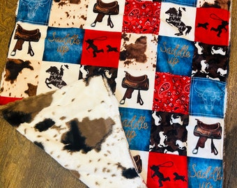 READY TO SHIP! In Stock! Western Horse Cowboy Saddle Up Print Baby Blanket with Pony Cow Print Back