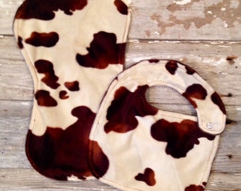 Bib & Burpcloth Set - Pony Cow Print with Brown Backing - contoured burpcloth - minky - western country