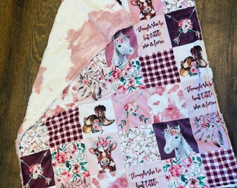 READY TO SHIP! In Stock! Western Horse Blush Pink Cowgirl She is Fierce Print Baby Blanket with Pony Cow Print Back