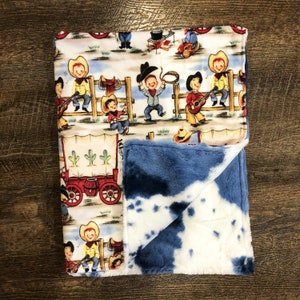 Western Country Vintage Print Cowboy Cowgirl Baby Blanket with Blue Cow Pony Print back - minky