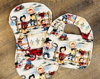 Bib & Burpcloth Set - Western Cowboy Cowkids Print with Pony Cow Print Backing - contoured burpcloth - minky - western country