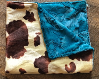 Country Western Pony / Cow Print Minky Baby Blanket with Teal Turquoise Back