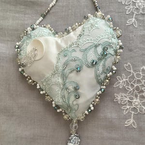 Silk white aqua HANGING HEART beaded *100% HANDMADE* off-white, bead tassel, crystals,  gift ornament, pale green blue