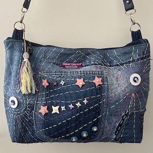Recycled Denim purse, hobo bag: Handmade, Boro Sashiko Style with Star Accents