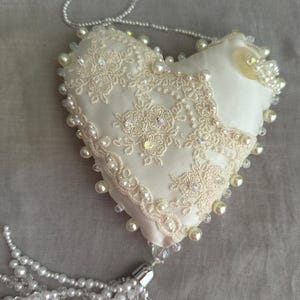 Silk white HANGING HEART beaded *100% HANDMADE* ivory, off-white, bead tassel, pearls,  gift ornament