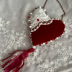 Beaded HEART, SHABBY CHIC, velvet, red, handmade from reclaimed fabric & lace, hanging heart, home decor, Valentine&#39;s Day gift