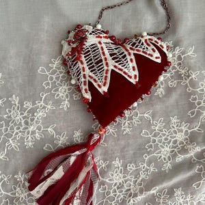 RED VELVET lacy Hanging Heart, Beaded shabby chic, 100% HANDMADE reclaimed fabric & lace, home decor, gift, ornament valentine unique