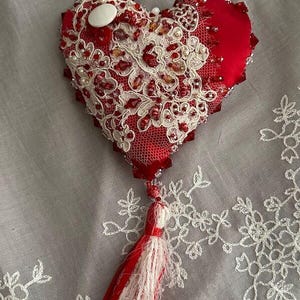 RED SILK lacy Hanging Heart, Beaded shabby chic, 100% HANDMADE reclaimed fabric & vintage lace, home decor, gift, ornament valentine unique