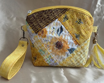 HANDMADE accessory Cosmetic Makeup bag pouch, purse, HAND EMBROIDERED boro/sashiko style, Yellow