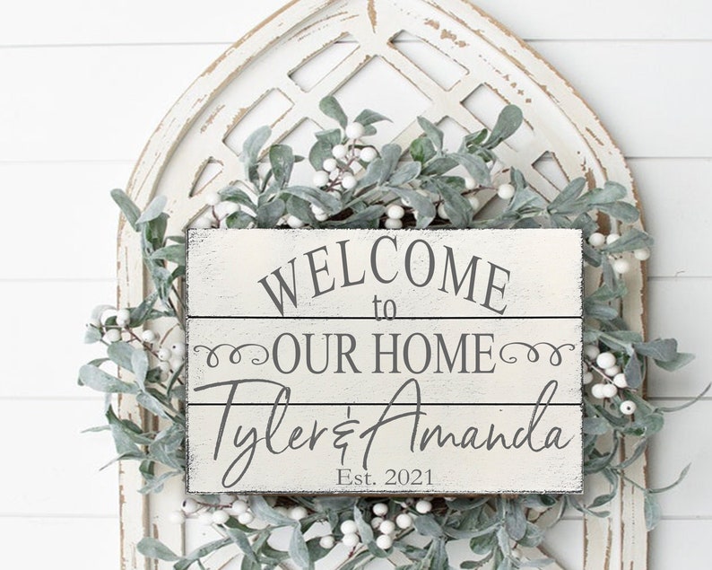 Welcome To Our Home Wood Sign Pallet Sign Family Name Sign Personalized Sign Wedding Gift Housewarming Gift Bridal Shower Anniversary 18x12 inches