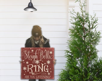 Sleigh Bells Ring Are You Listening Wood Sign Christmas Wall Decor Above  Mantel Wallhanging Wood Plaque