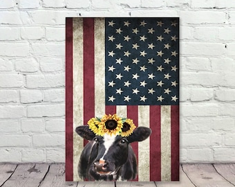 American Flag Decor | Fourth Of July | Cow Decor | Sunflower Decor | Patriotic Sign | Farmhouse Sign | Rustic Americana | Wood Flag Sign