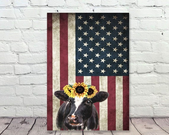 American Flag Decor | Fourth Of July | Cow Decor | Sunflower Decor | Patriotic Sign | Farmhouse Sign | Rustic Americana | Wood Flag Sign