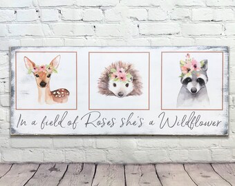 Girls Nursery Decor | In A Field Of Roses She's A Wildflower | Baby Girl Nursery | Woodlands Nursery | Peach Nursery | Baby Gift