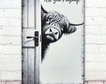 Highland Cow Bathroom Sign, Funny Pooping Door Decor, Wall Art