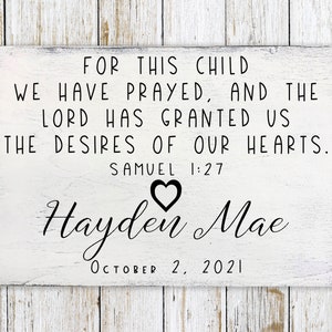 For This Child We Have Prayed, Rainbow Baby, Personalized Nursery Sign, Nursery Decor, Baby Shower Gift, Baptism Gift, Christening
