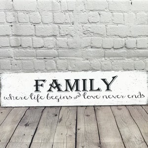 Wood Sign Family Where Life Begins and Love Never Ends Distressed Sign Shabby Chic Vintage Look Wall Decor Family Photo Wall Sign Handmade