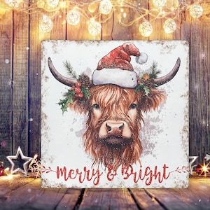 Highlander Cow Christmas Decor, Merry and Bright, Christmas Decoration, Farmhouse Christmas, Cow Wallhanging, Christmas Sign