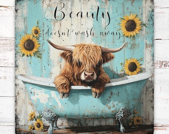 Bathroom Sign, Highland Cow, Rustic Wall Art, Bathtub Print, Plaque, Wallhanging, Farmhouse Bathroom, Sunflower