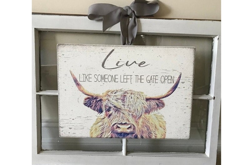 Op de afbeelding: Rechthoekig houten bord met een verweerde afwerking, met een Highland koe illustratie en de tekst "Live Like Someone Left The Gate Open". Een grijs lint is bovenaan vastgebonden om op te hangen.