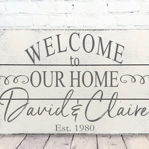 Welcome To Our Home Wood Sign Pallet Sign Family Name Sign Personalized Sign Wedding Gift Housewarming Gift Bridal Shower Anniversary 30x20 inches