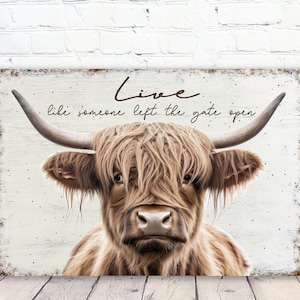 Highland Cow Wall Art, Live Like Someone Left The Gate Open, Cow Wallhanging, Farmhouse Decor, Country Home Decor, Inspirational Sign