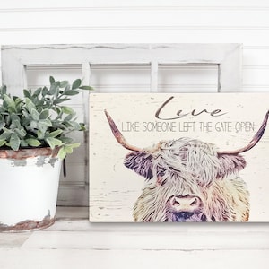 Op de afbeelding: Rechthoekig houten bord met een verweerde afwerking met een illustratie van een Schotse Hooglander. Het bord heeft de tekst "Live Like Someone Left The Gate Open" in een handgeschreven lettertype. Een witte emmer met groen staat op de achtergrond.