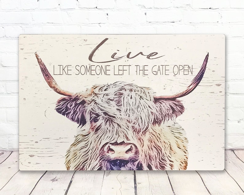 Op de afbeelding: Een rechthoekig bord met een verweerde houtlook achtergrond toont een illustratie van een Schotse Hooglander. De koe heeft lang, ruig haar en grote hoorns. De tekst "Live Like Someone Left The Gate Open" is geschreven in een scriptlettertype.