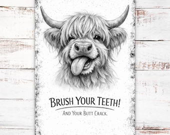 Funny Bathroom Sign, Brush Your Teeth, Highland Cow Decor, Wallhanging, Plaque, Country Bathroom