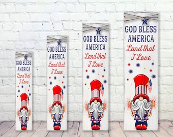 Patriotic Decor | 4th Of July Decor | Gnome Decor | Porch Sign | Vertical Sign | God Bless America | Farmhouse Decor | Red White And Blue