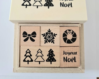 Stamp set Christmas 5 Christmas stamps in wooden box Joyeux Noël