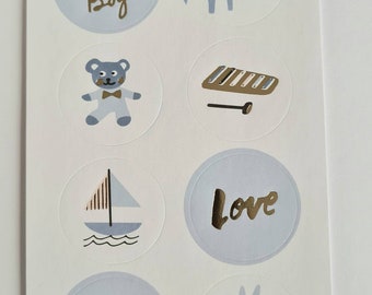 16 Sticker Set Baby Boy Babyparty hellblau Gold