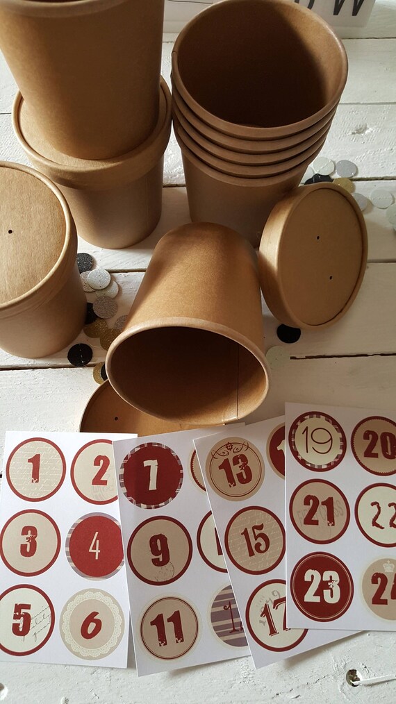 24 Paper Cups Advent Calendar Number Stickers Red Beige - Etsy