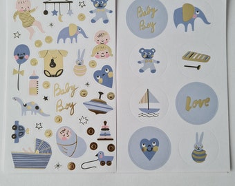 100 Sticker Set Baby Boy Babyparty hellblau Gold