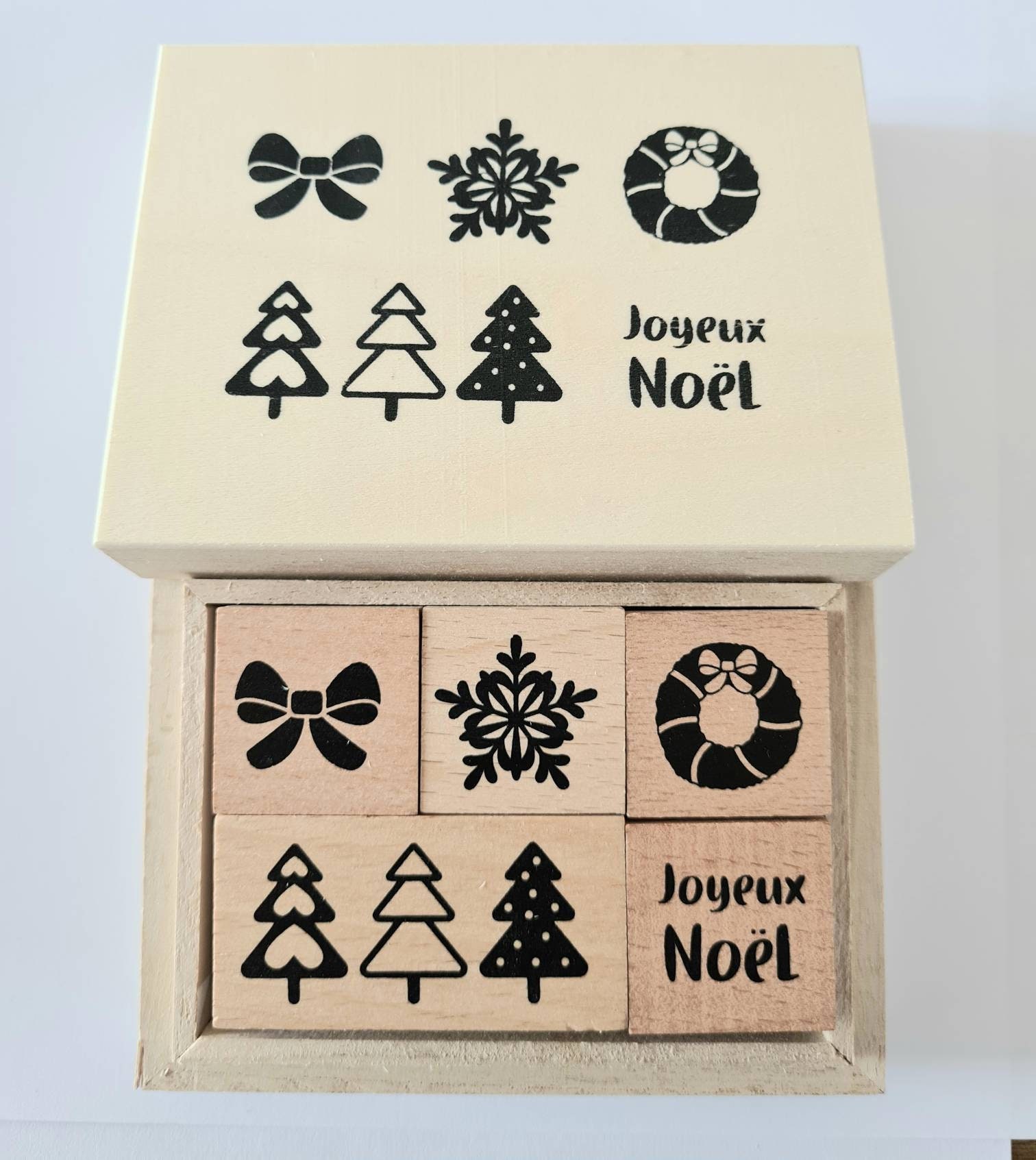 Stamp Set Christmas 5 Christmas Stamps in Wooden Box Joyeux Noël 