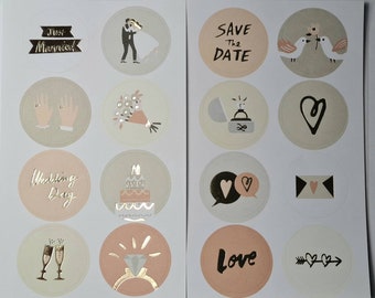 32 Sticker Hochzeit pastell gold rund