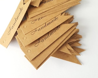 100 kraft paper tags "Handmade" labels flags brown