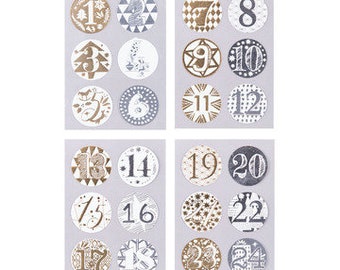 Sticker  Adventskalenderzahlen  1-24 gold silber