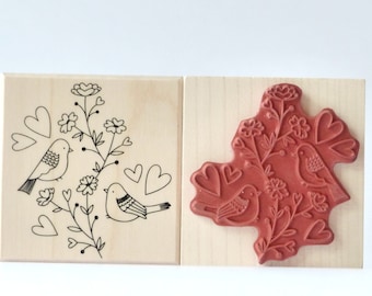 Stamp spring branch birds love hearts