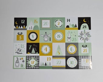 24 stickers Calendrier de l'Avent 1-24 noir blanc or menthe carré