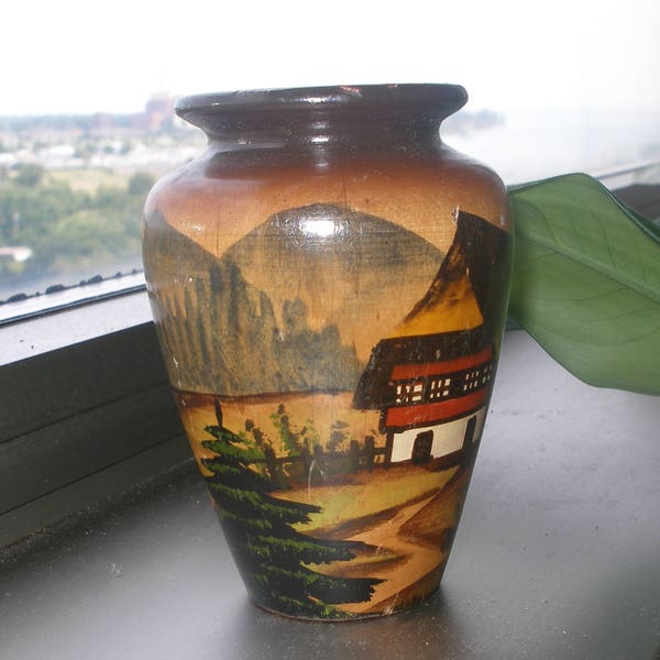 UNIQUE WOODEN Hand Painted MINIVASE from The Alps