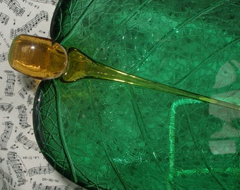 Gorgeous Heavy EMERALD GREEN GLASSLEAF Dish with Fused Golden Stem