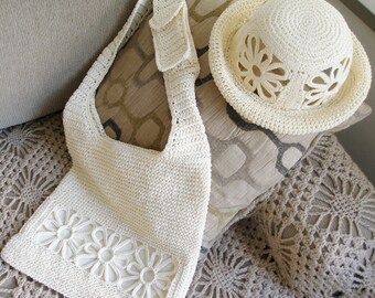 Handcrafted Ivory MACRAME HAT and CrossOver BAG with cell phone pocket