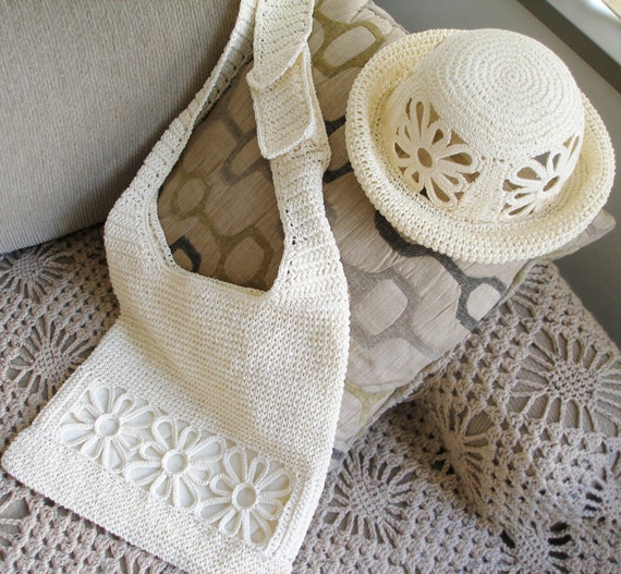 Handcrafted Ivory MACRAME HAT and CrossOver BAG w… - image 1