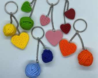 Handmade Polymer Clay Knit Heart & Yarn Ball Keychain | Rainbow Charm