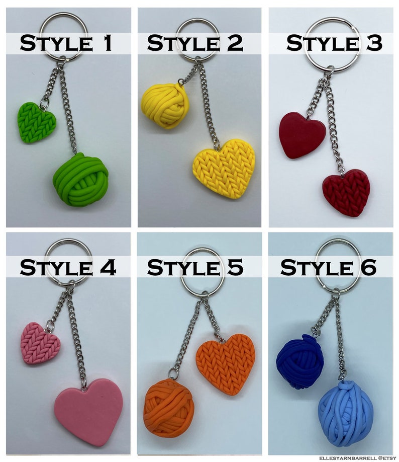 Knit Heart & Yarn Ball Key Chains Knitted Polymer Clay Knitted Key Chains Handmade Key Chains Rainbow Charms Key Chains image 2